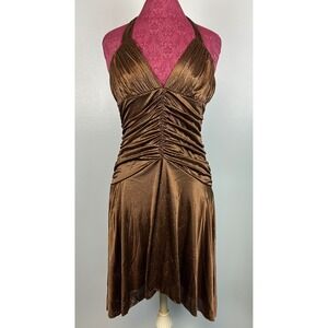 Venus Brown Medium Halter Dress Sparkle Asymmetrical Hem Y2K Babydoll Hoco Party